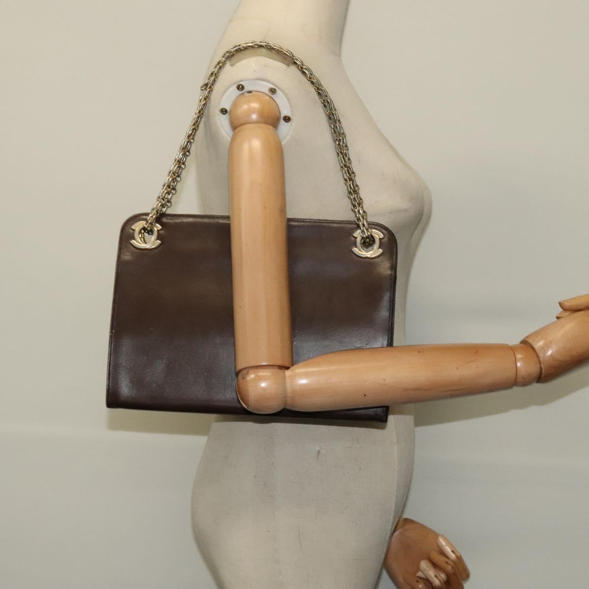 CHANEL Chain Hand Bag Leather Brown gold CC Auth bs29274