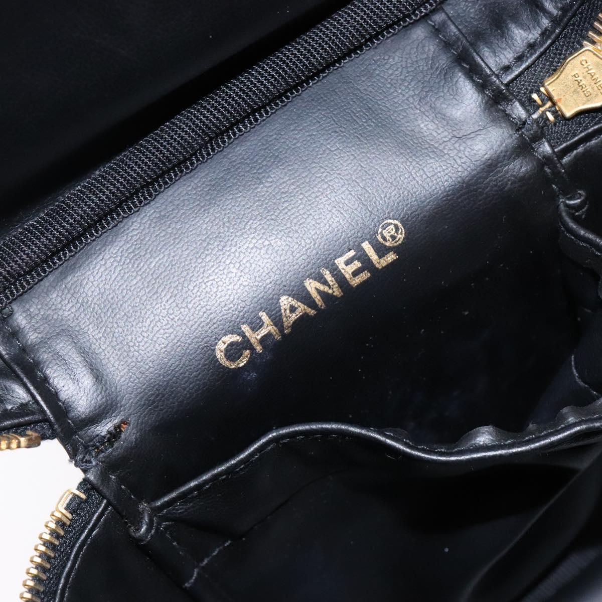 CHANEL Vanity Pouch Leather Black Gold CC Auth bs29276