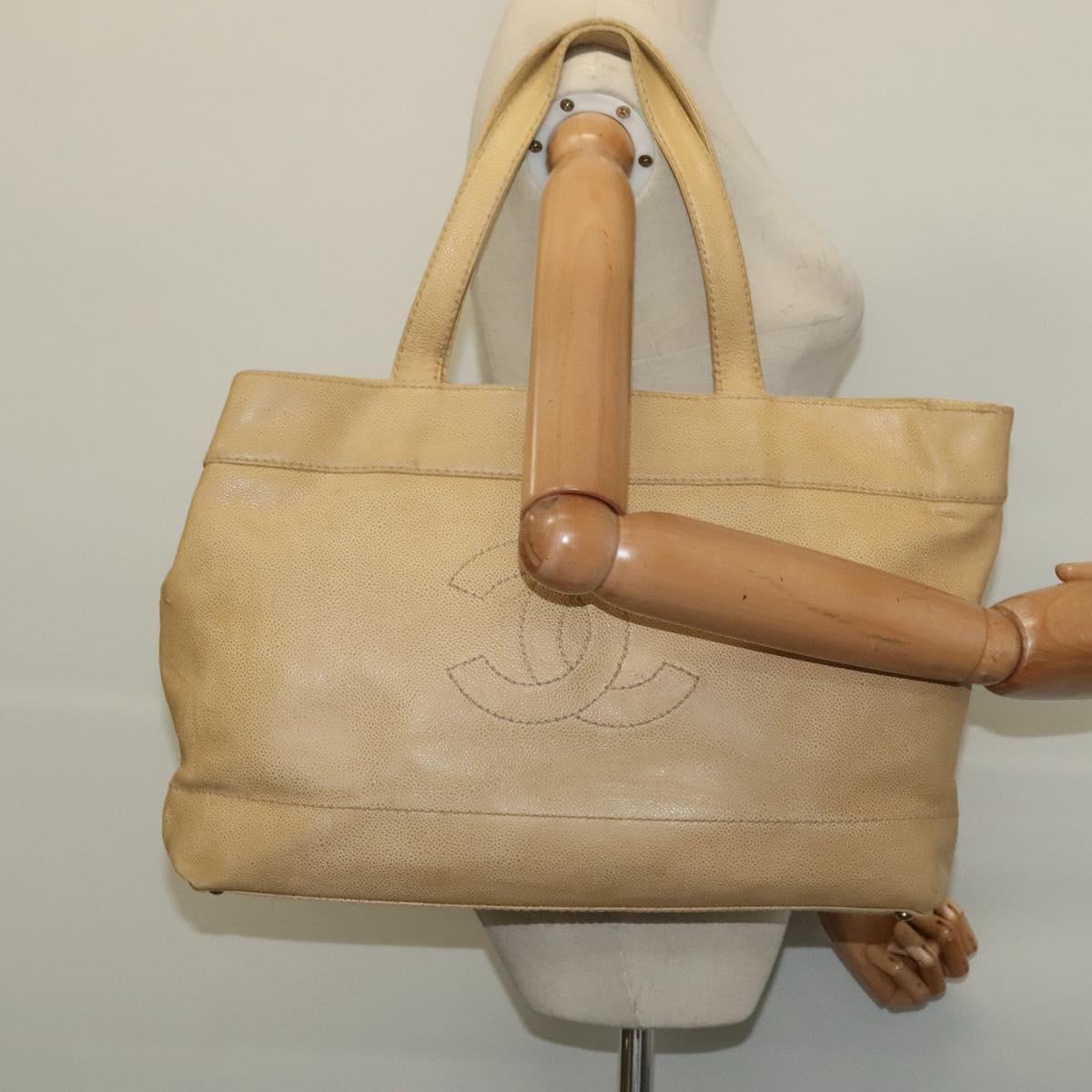 CHANEL Tote Bag Caviar Skin Beige Gold CC Auth bs29277