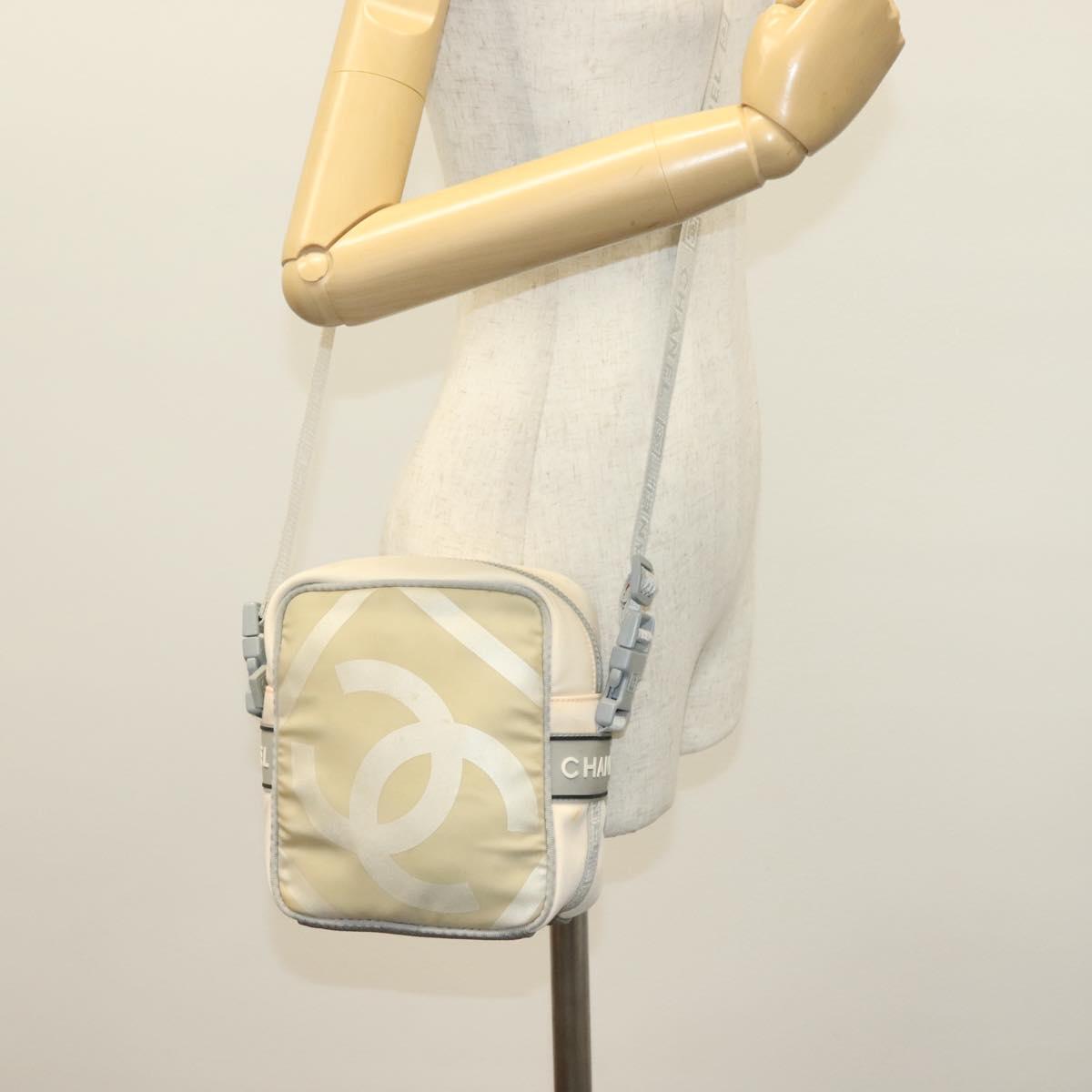 CHANEL Sports Shoulder Bag Nylon Beige Gray CC Auth bs29288