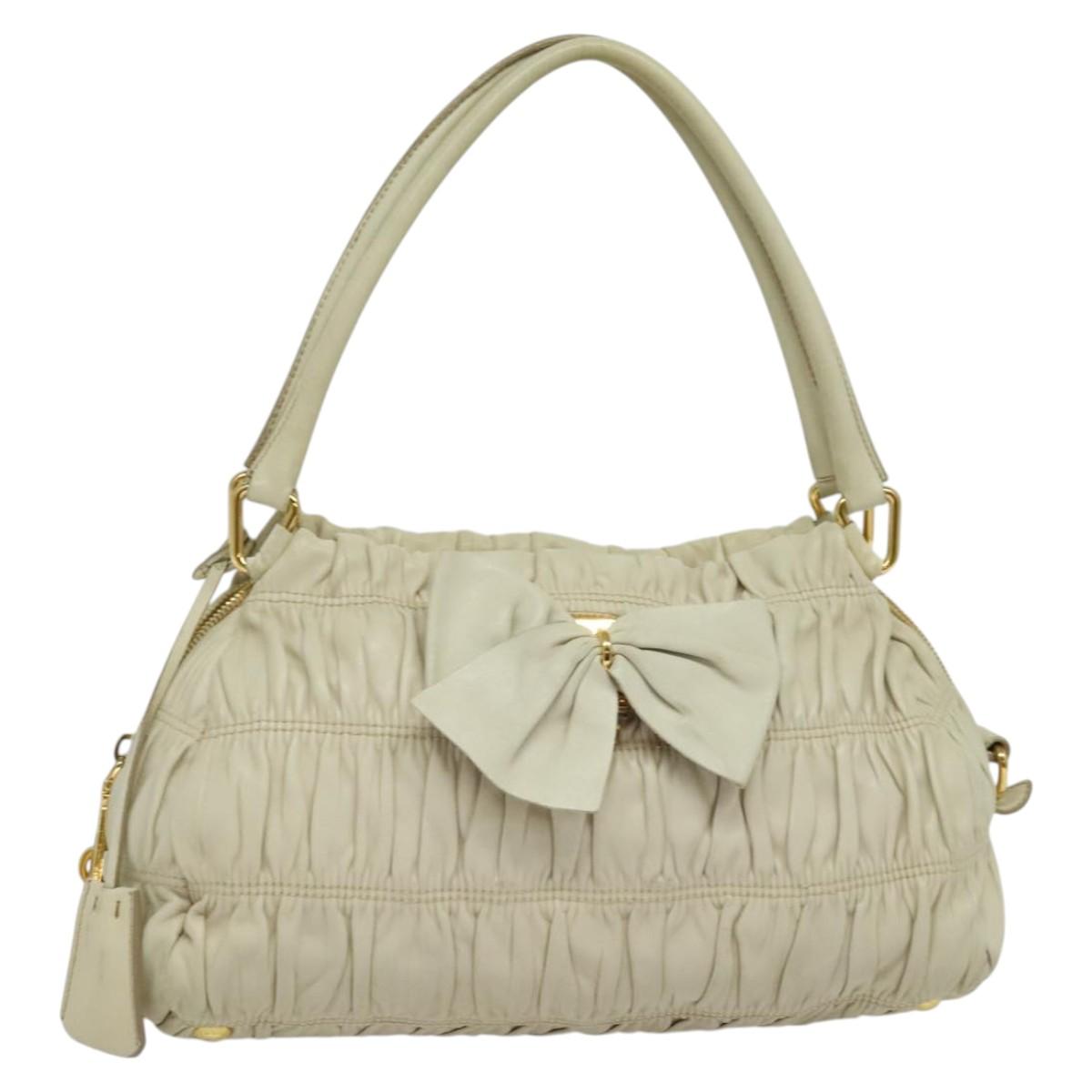 PRADA Gathered Shoulder Bag Leather Light Beige Gold Auth bs29311