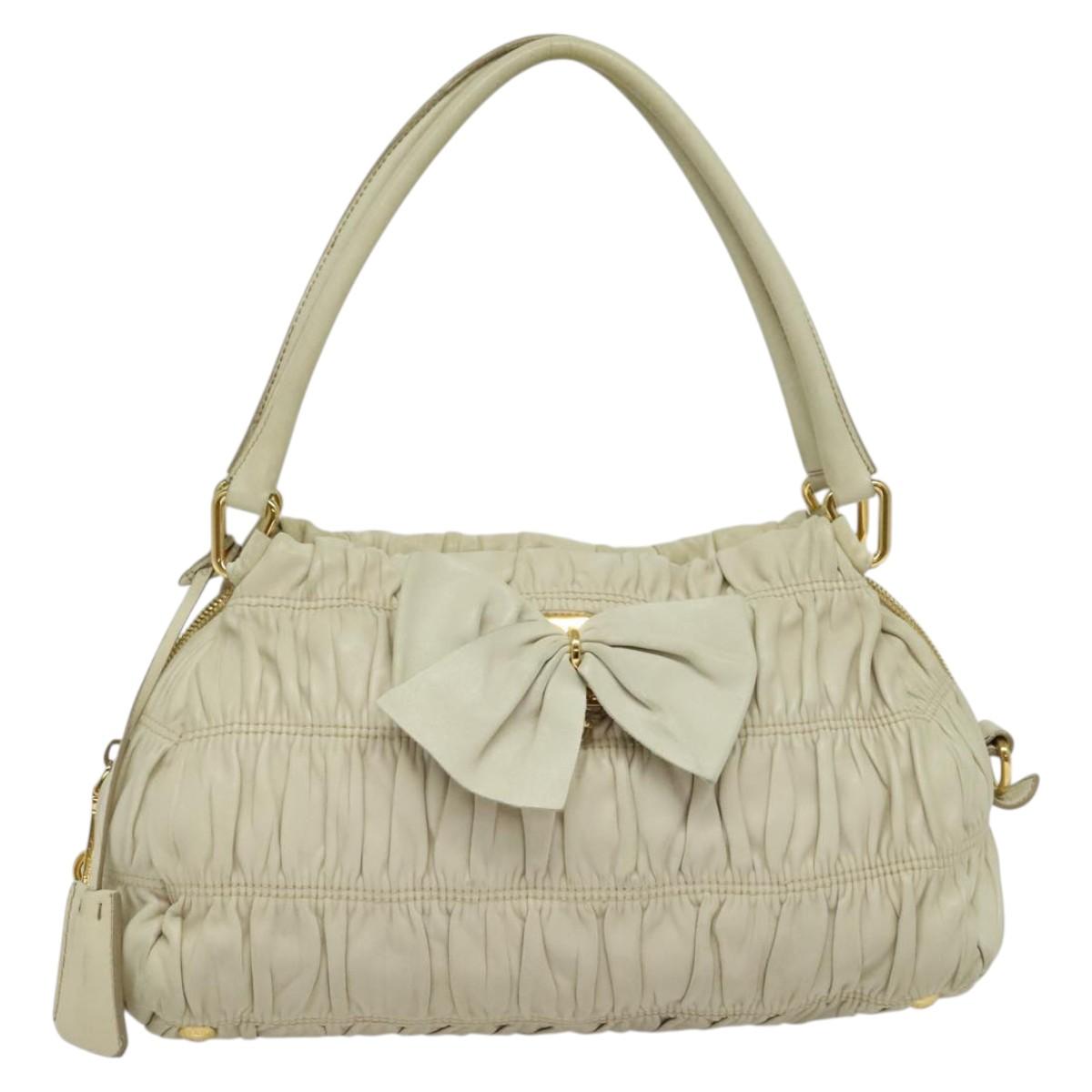 PRADA Gathered Shoulder Bag Leather Light Beige Gold Auth bs29311