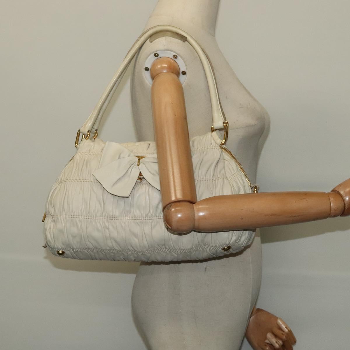 PRADA Gathered Shoulder Bag Leather Light Beige Gold Auth bs29311