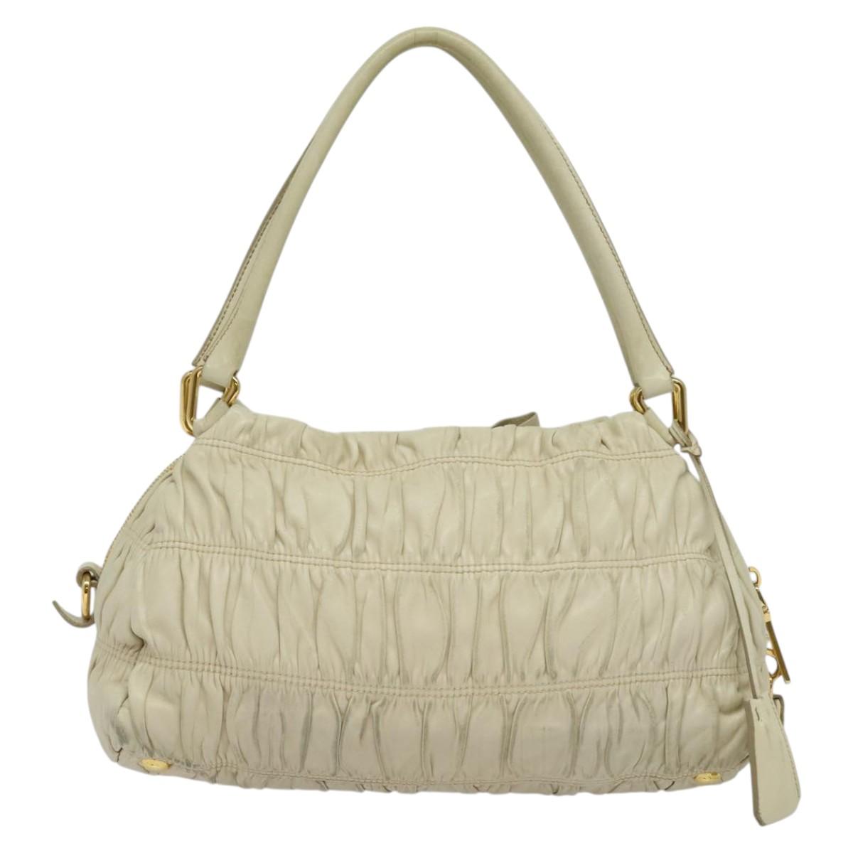 PRADA Gathered Shoulder Bag Leather Light Beige Gold Auth bs29311
