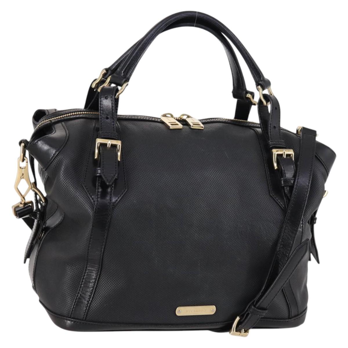 BURBERRY Boston Bag Leather 2way Black gold Auth bs29336