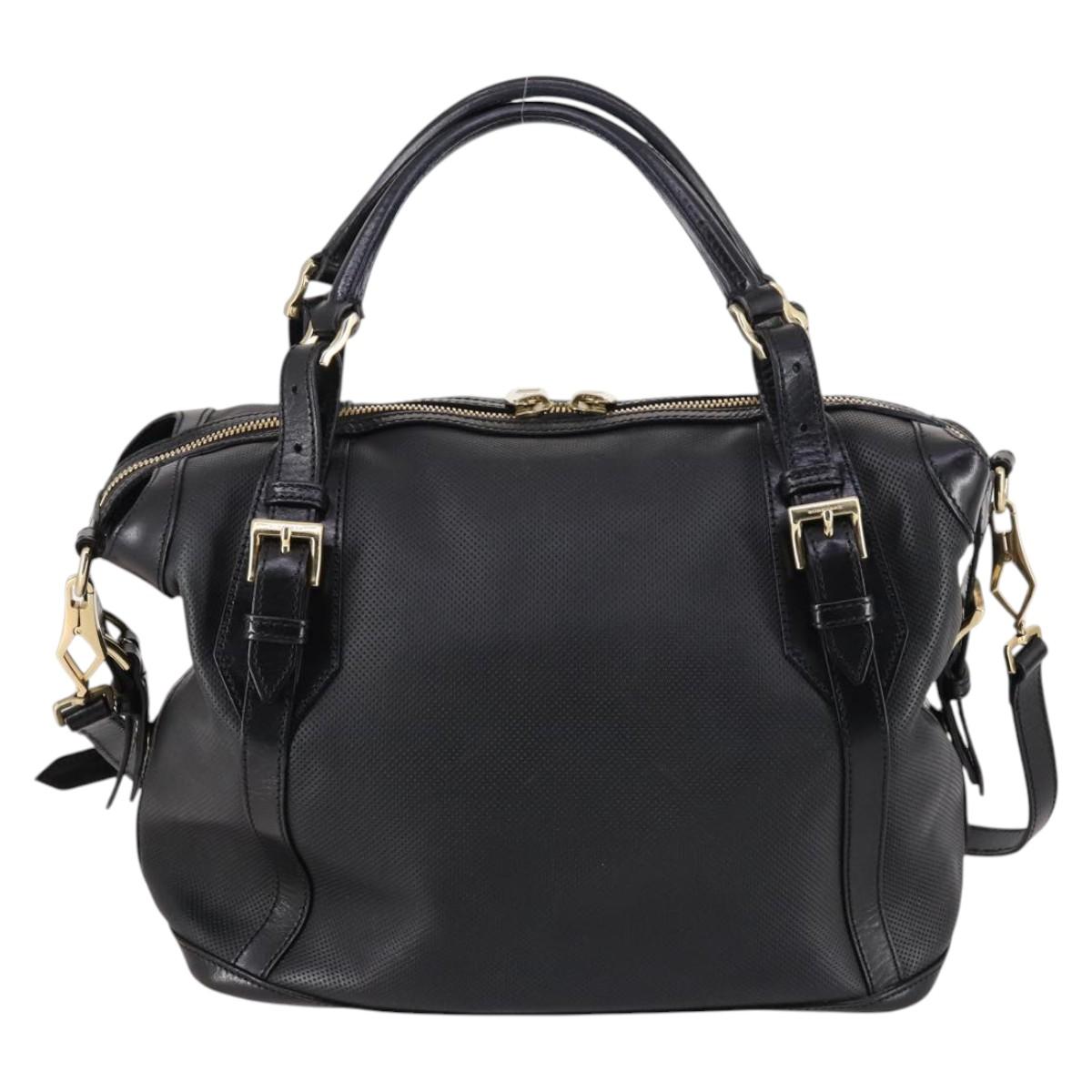 BURBERRY Boston Bag Leather 2way Black gold Auth bs29336