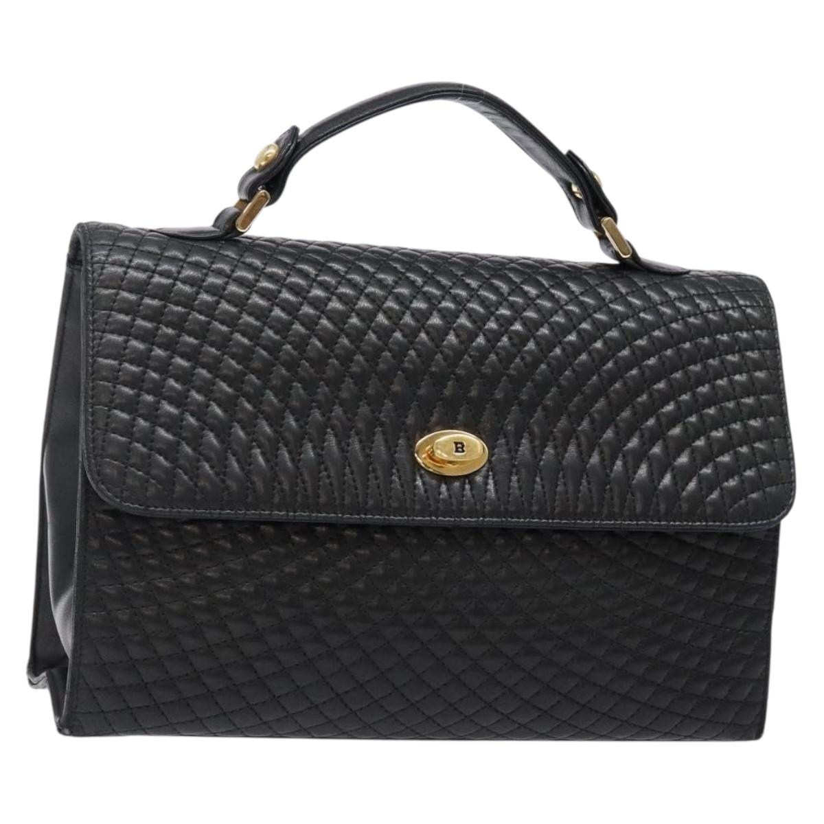 BALLY Quilted Hand Bag Leather Gold Black Auth bs29339