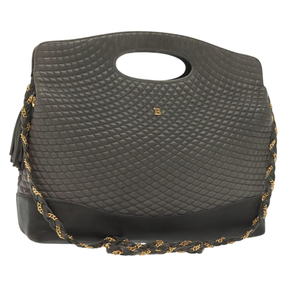 BALLY Quilted Hand Bag Leather 2way Gray Gold Auth bs29340