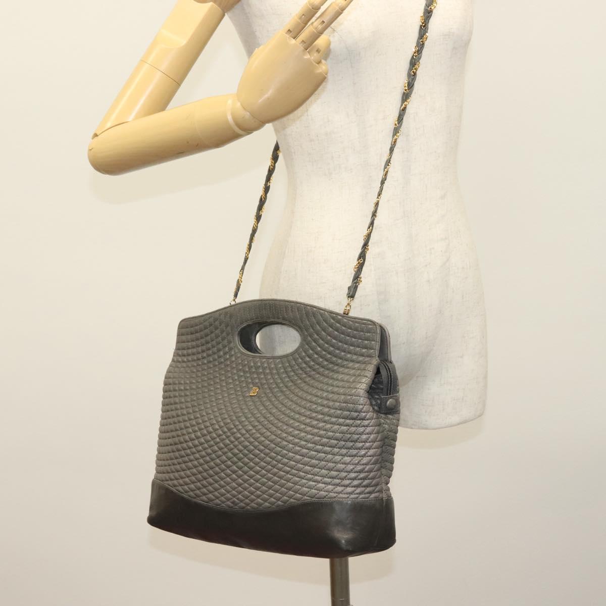 BALLY Quilted Hand Bag Leather 2way Gray Gold Auth bs29340