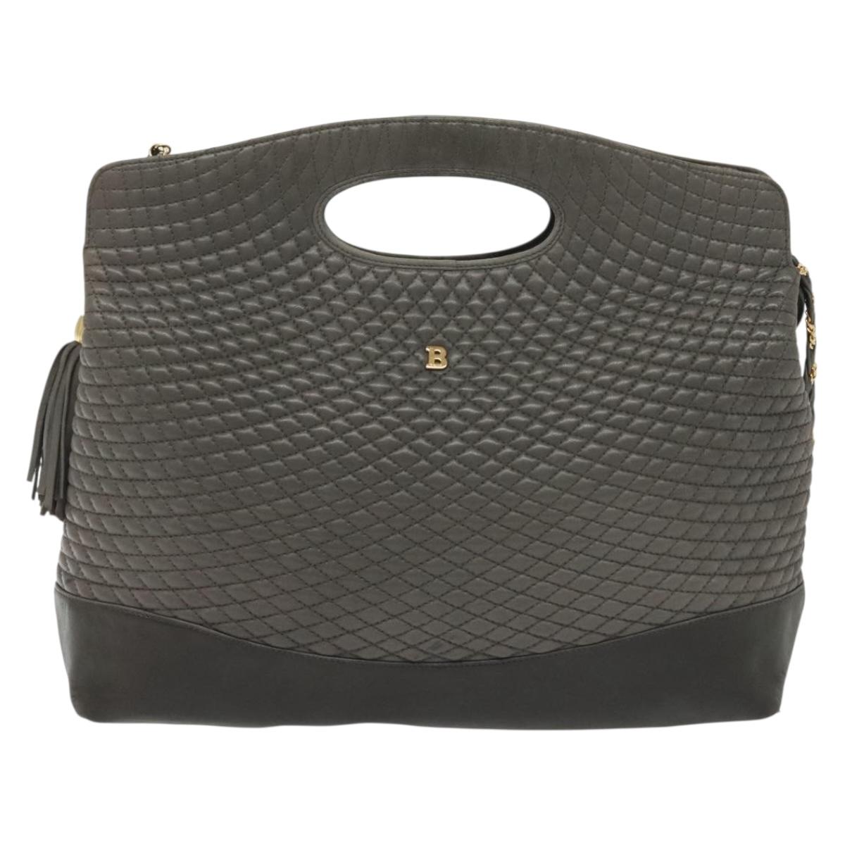 BALLY Quilted Hand Bag Leather 2way Gray Gold Auth bs29340