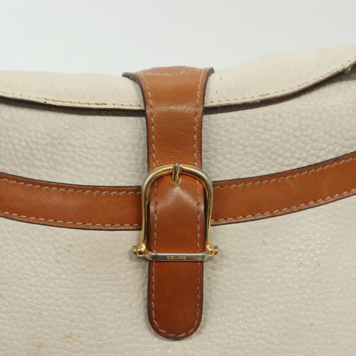 CELINE Shoulder Bag Leather White Silver Auth bs29347