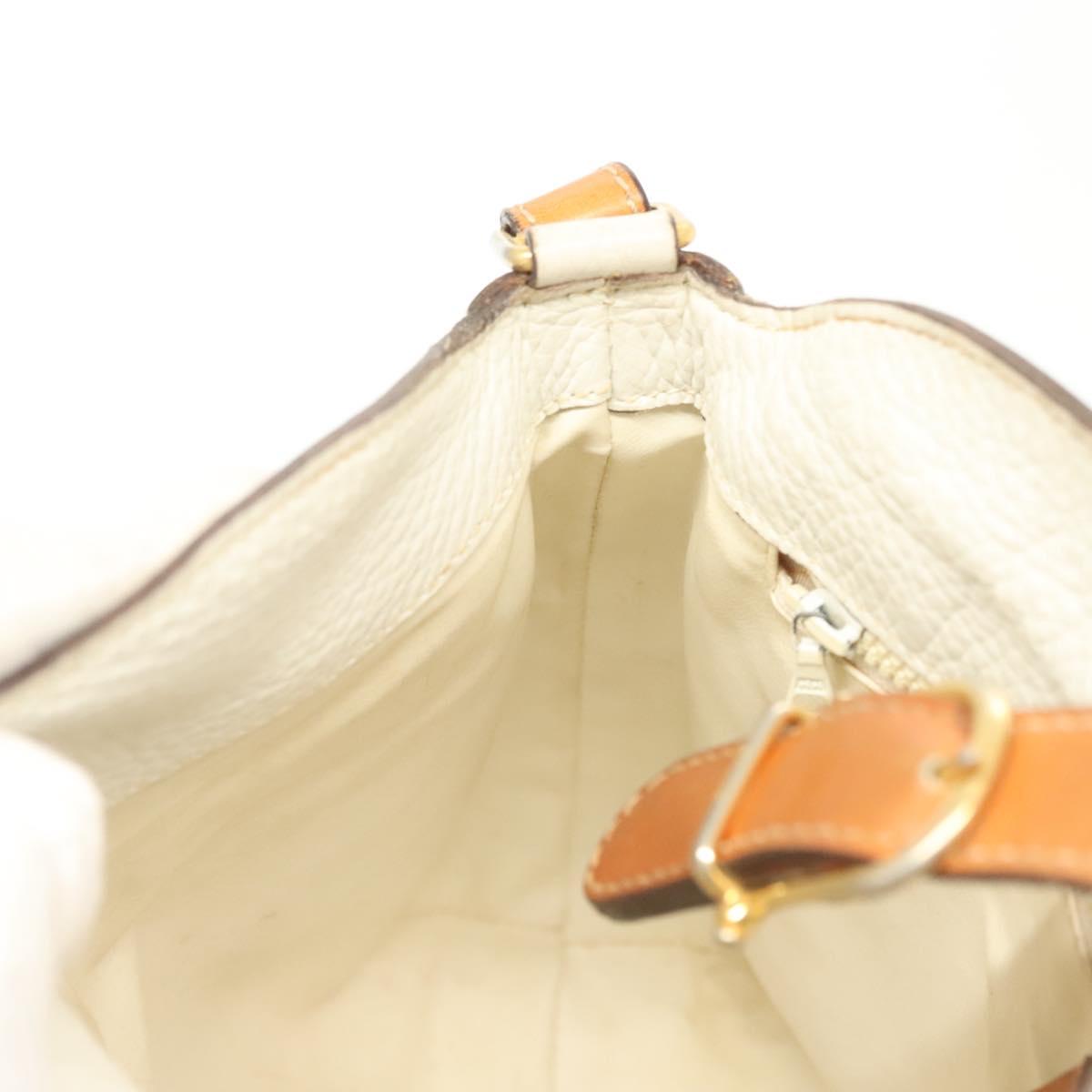 CELINE Shoulder Bag Leather White Silver Auth bs29347