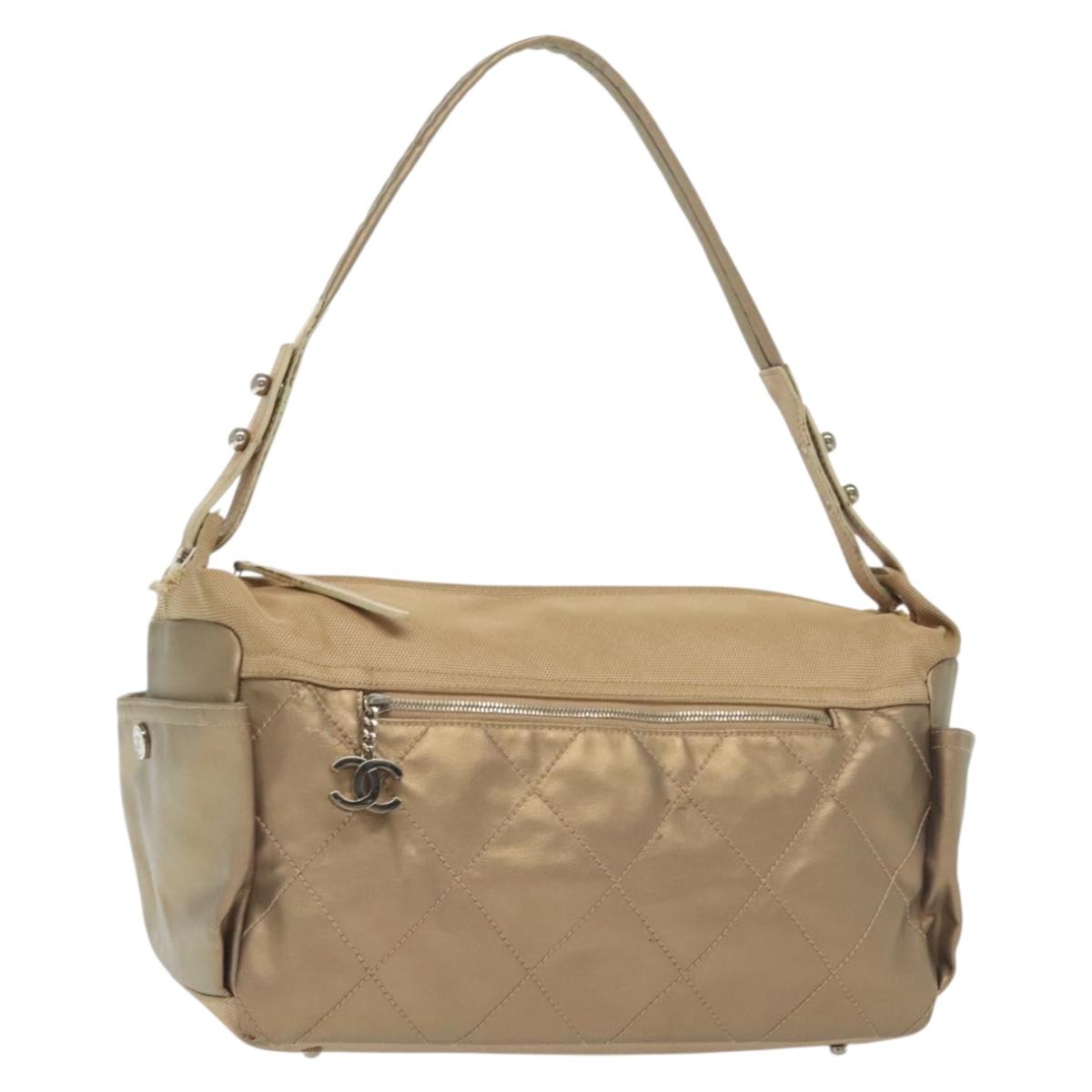 CHANEL Paris Biarritz Shoulder Bag Coated Canvas Beige Silver CC Auth bs29354