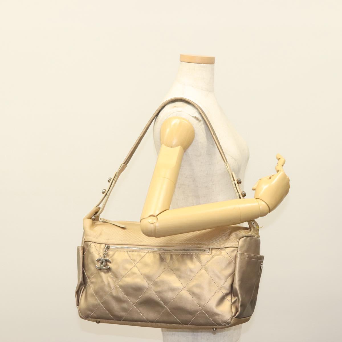 CHANEL Paris Biarritz Shoulder Bag Coated Canvas Beige Silver CC Auth bs29354