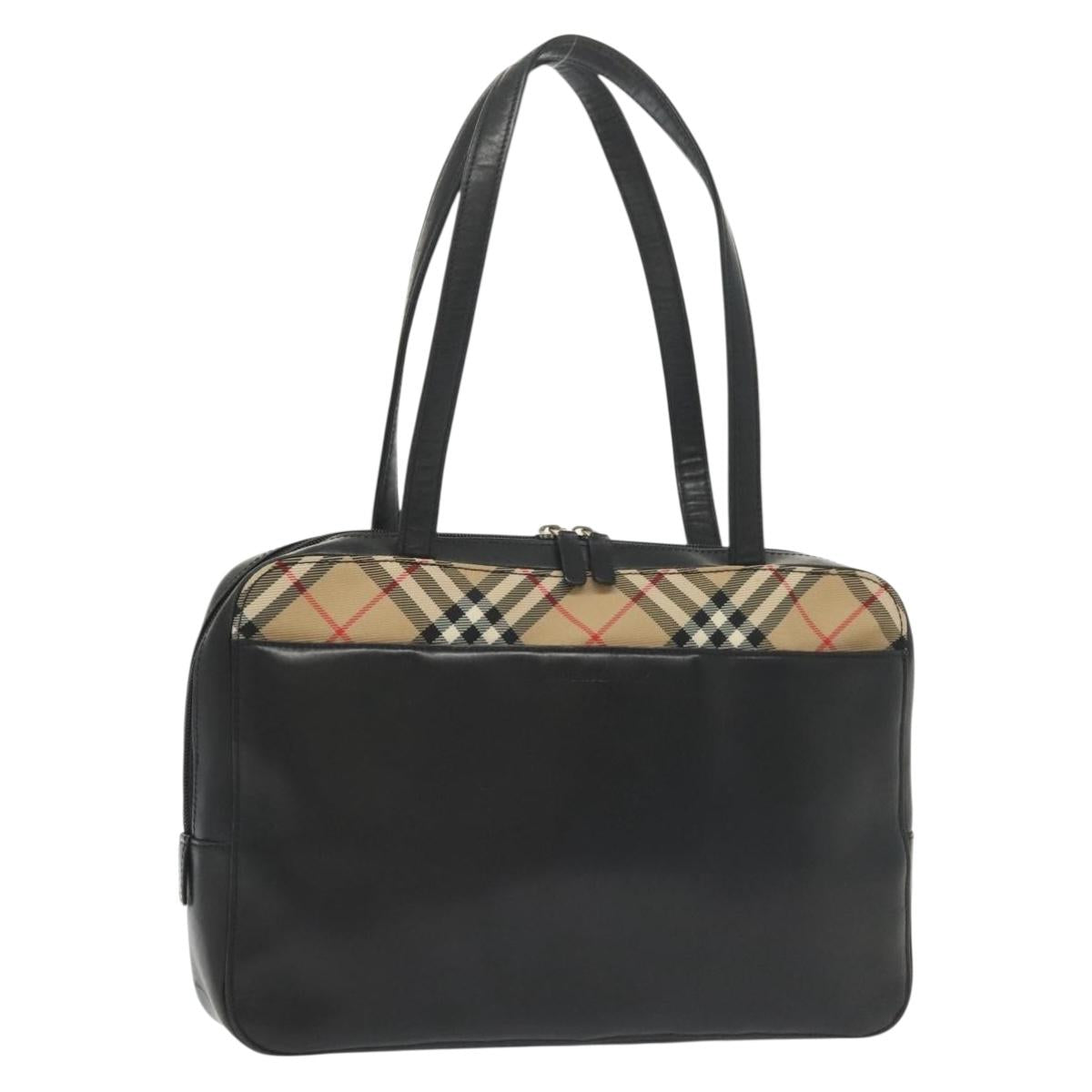 BURBERRY Hand Bag Leather nylon Black Beige Silver Auth bs29360