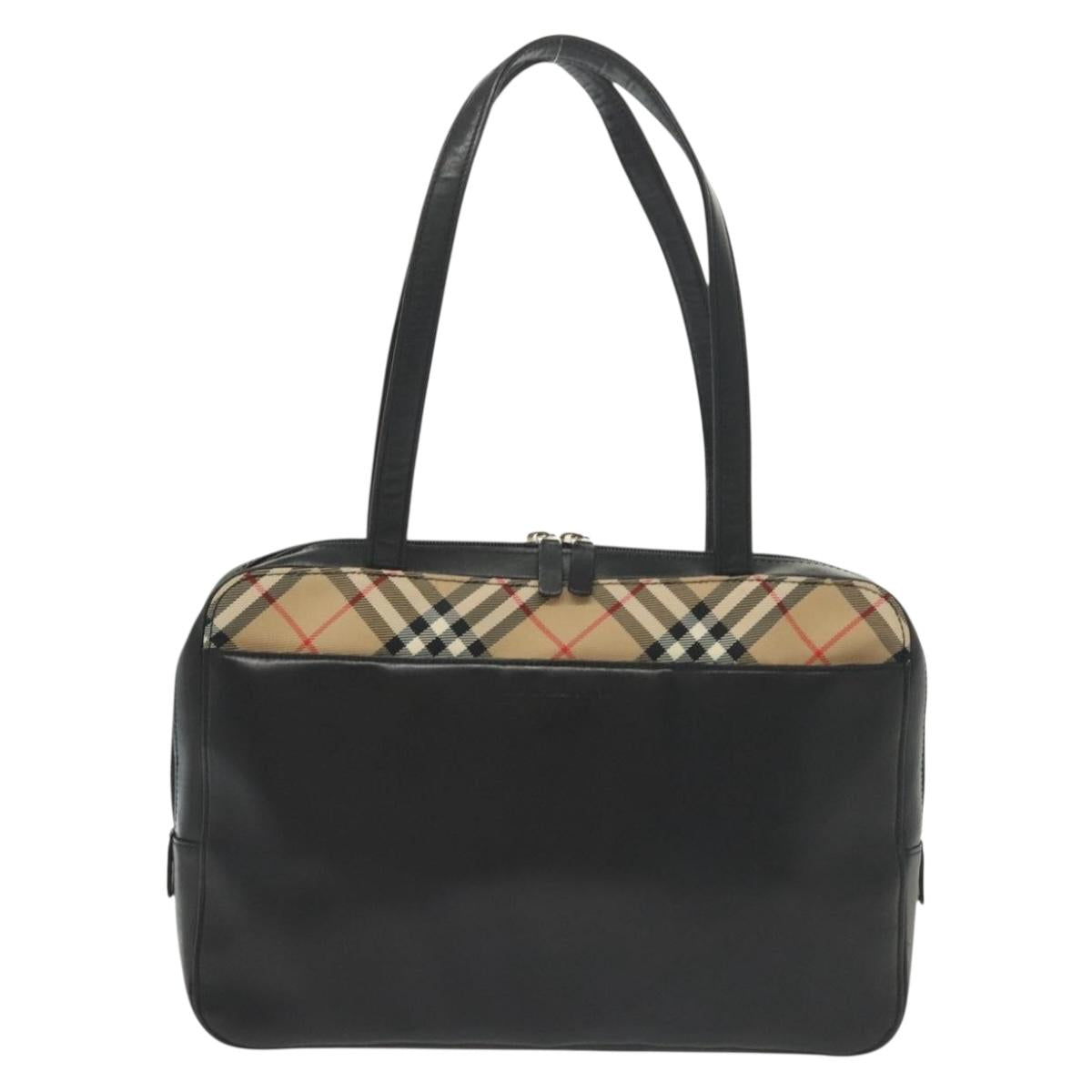 BURBERRY Hand Bag Leather nylon Black Beige Silver Auth bs29360