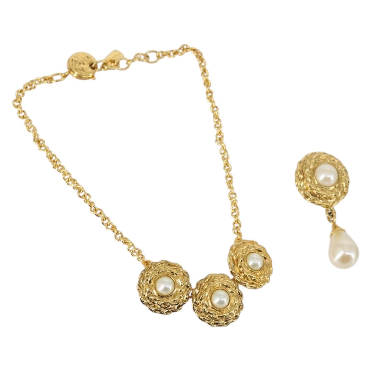 SAINT LAURENT Necklace Brooch metal 2Set Gold Auth bs29380