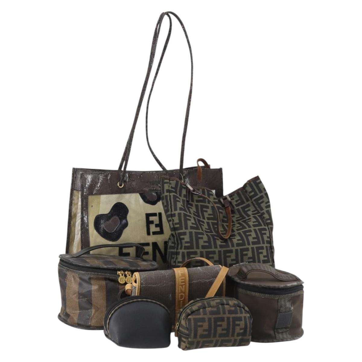 FENDI Zucchino Hand Bag Canvas PVC 7Set Brown Black Auth bs29383