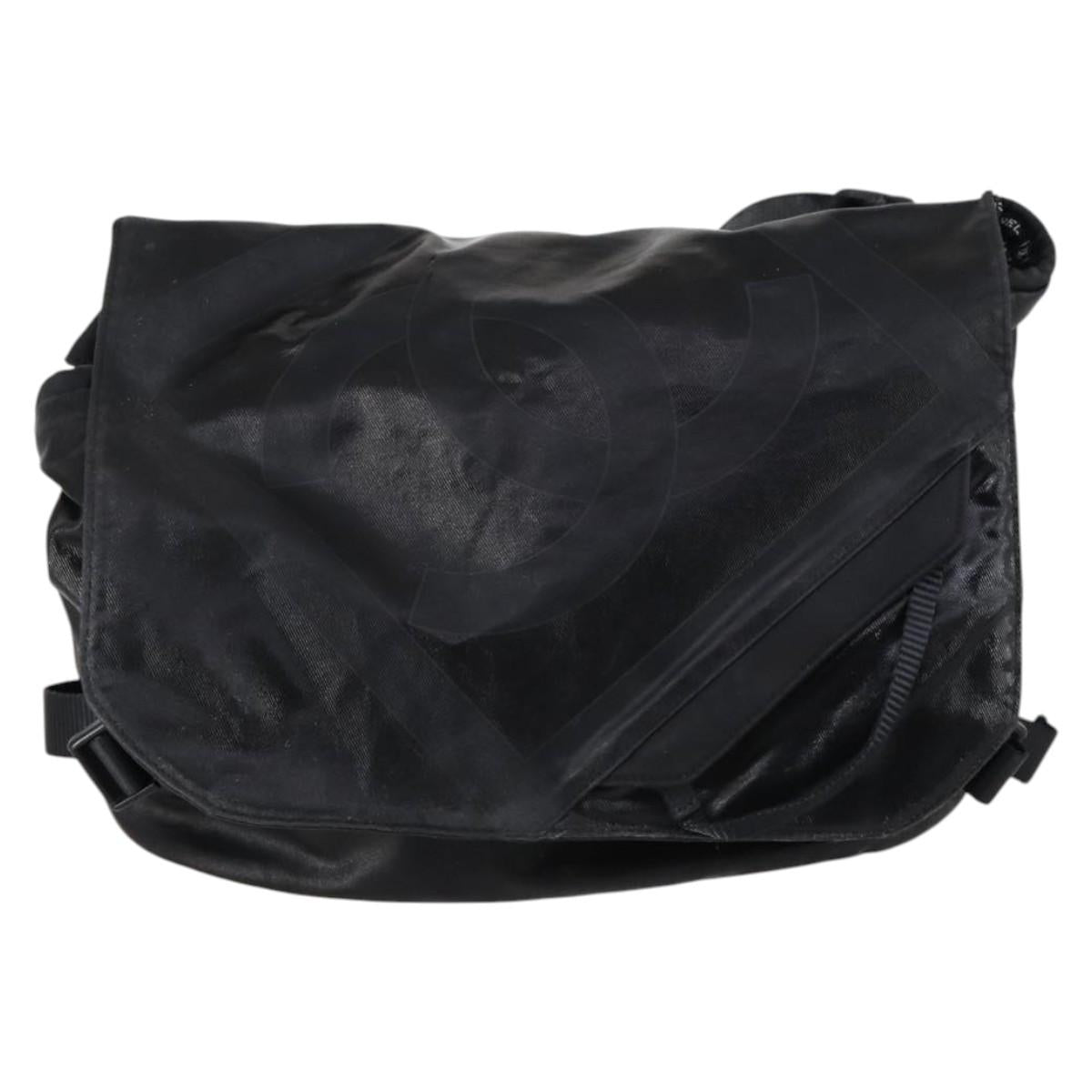 CHANEL Sports Shoulder Bag Coated Canvas Black Silver CC Auth bs29400