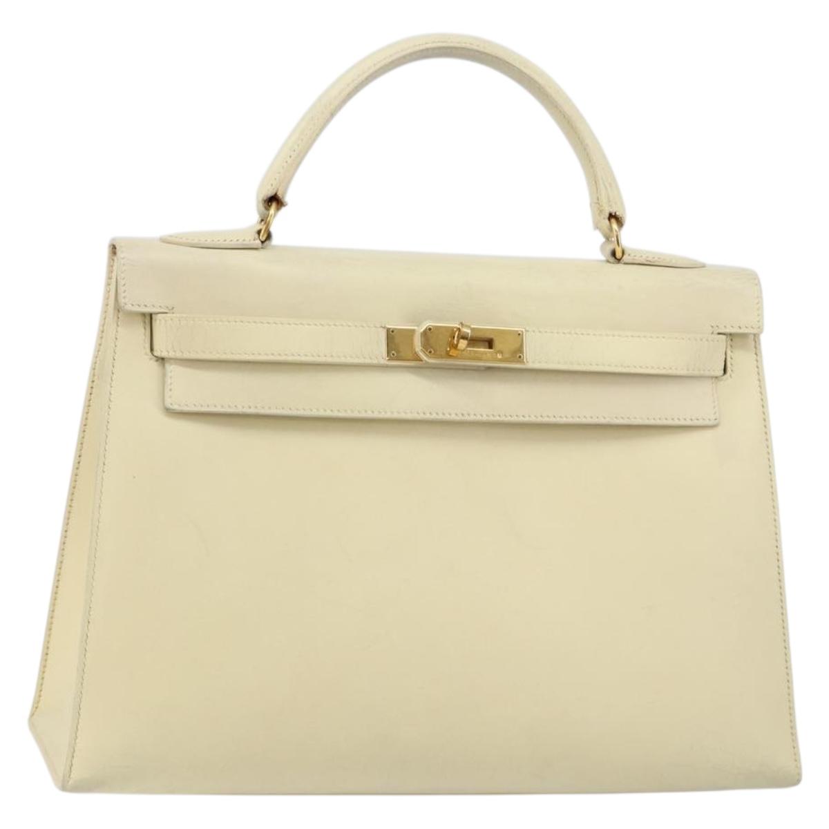 HERMES Bock Scarf Kelly 32 Hand Bag Leather 2way White Gold Auth bs29415