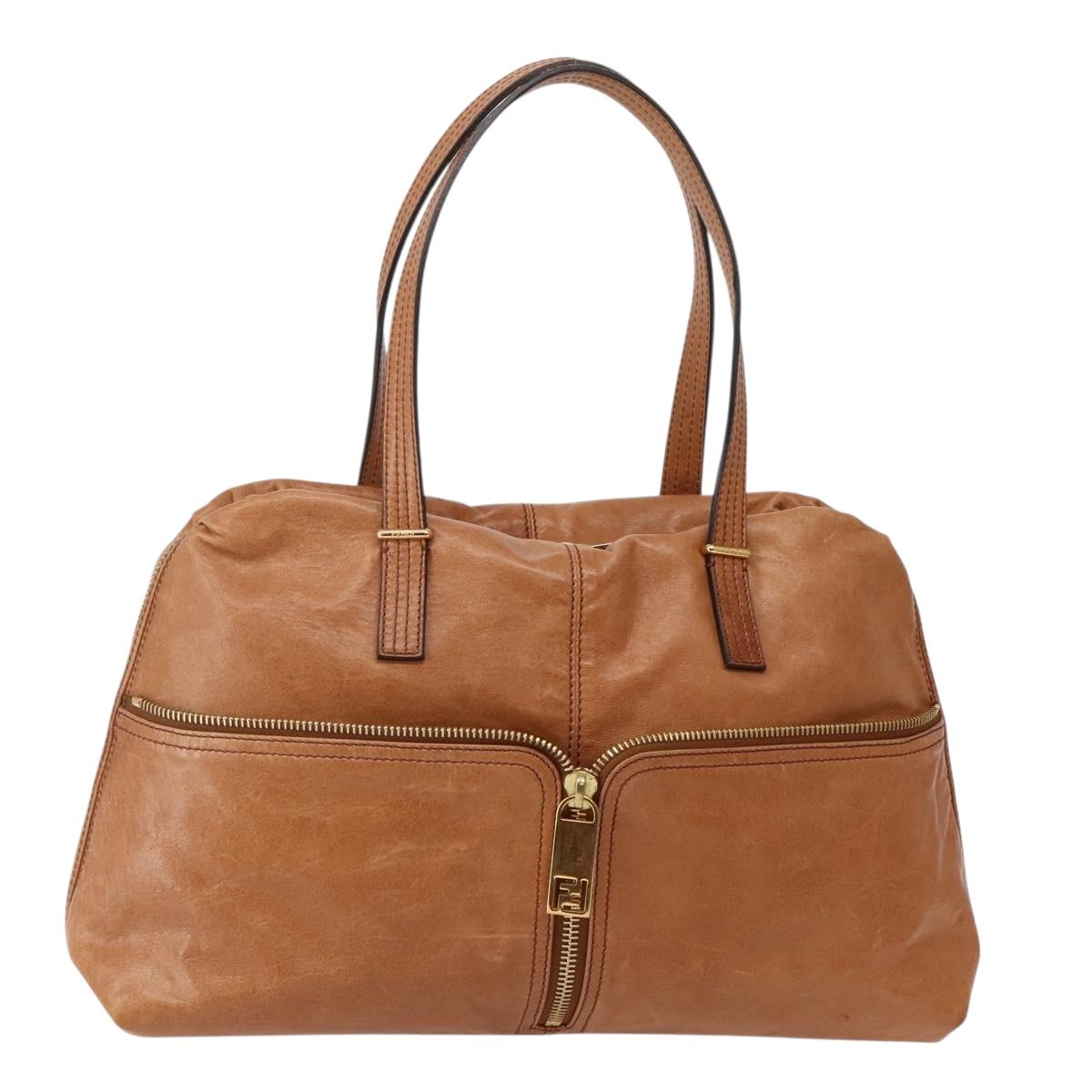 FENDI Unzipped Tote Bag Leather Brown Gold Auth bs29430