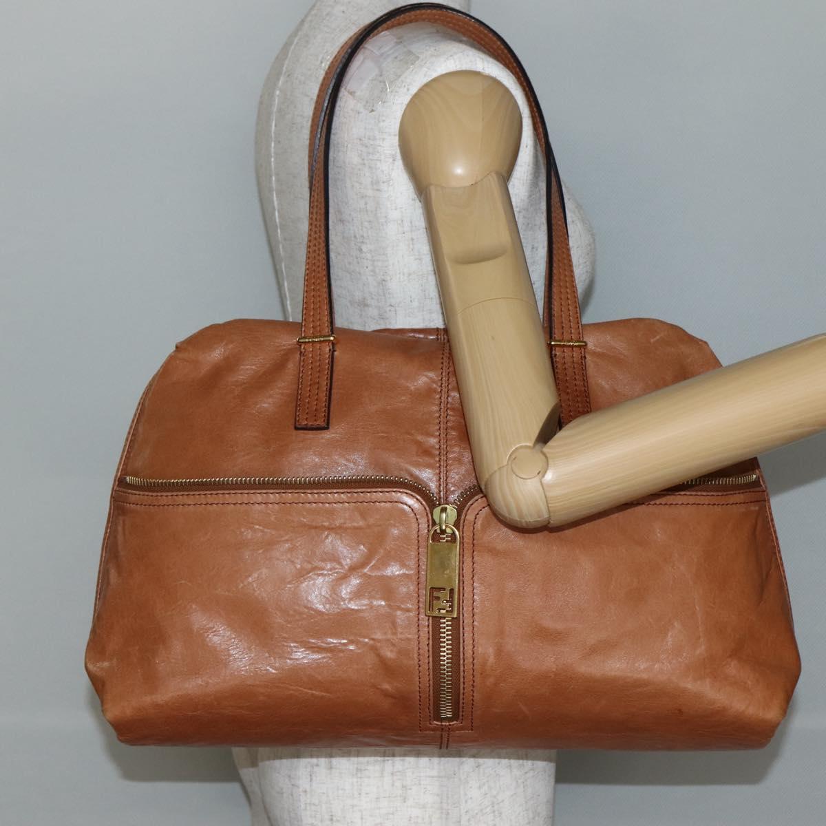 FENDI Unzipped Tote Bag Leather Brown Gold Auth bs29430