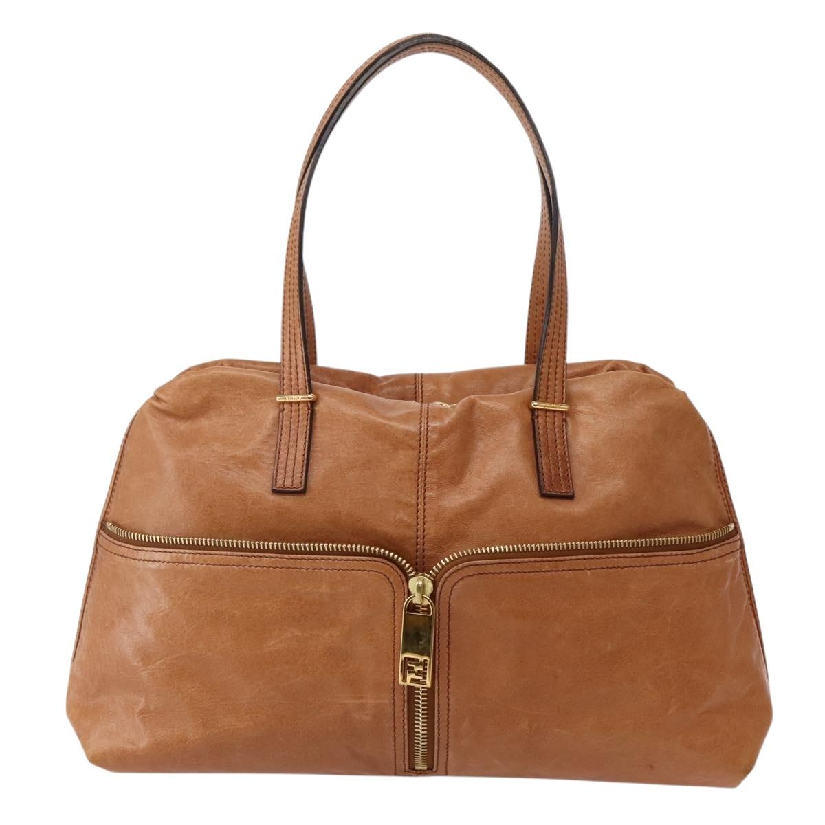FENDI Unzipped Tote Bag Leather Brown Gold Auth bs29430