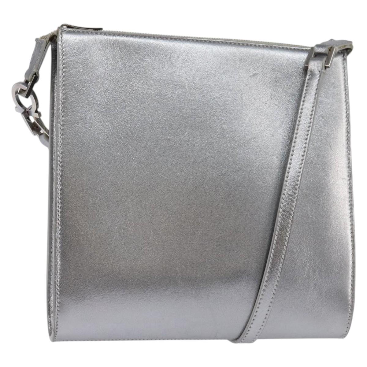 Salvatore Ferragamo Gancini Shoulder Bag Leather Silver Auth bs29440
