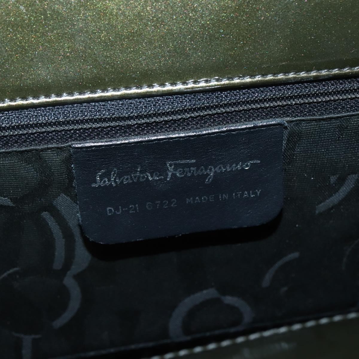Salvatore Ferragamo Gancini Bag Patent leather Silver Olive Green Auth bs29443