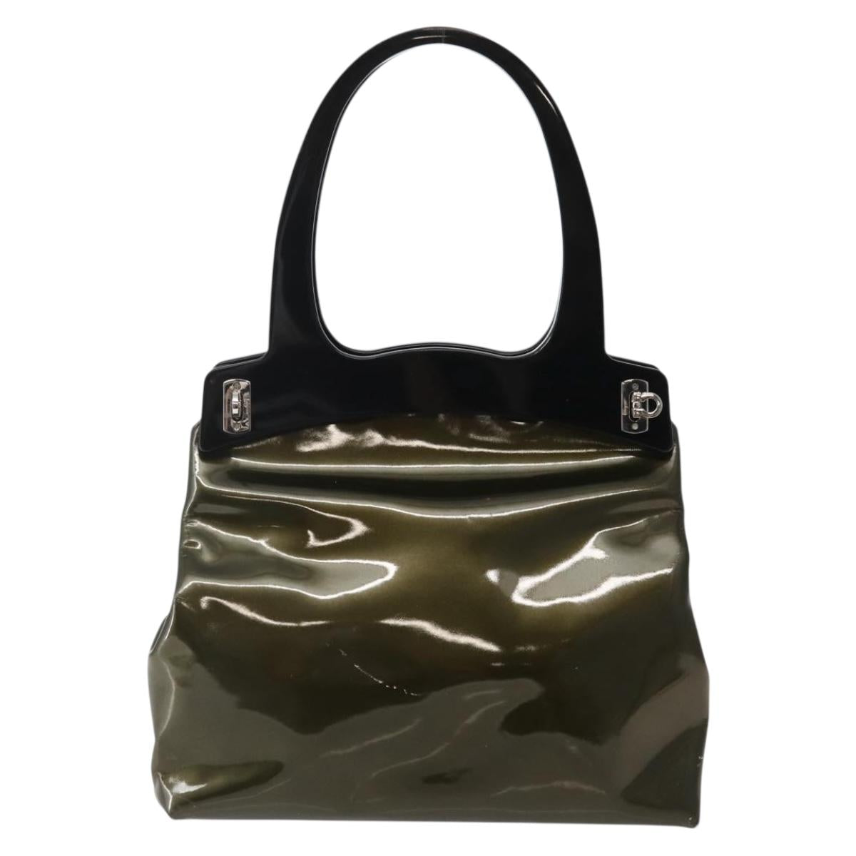 Salvatore Ferragamo Gancini Bag Patent leather Silver Olive Green Auth bs29443