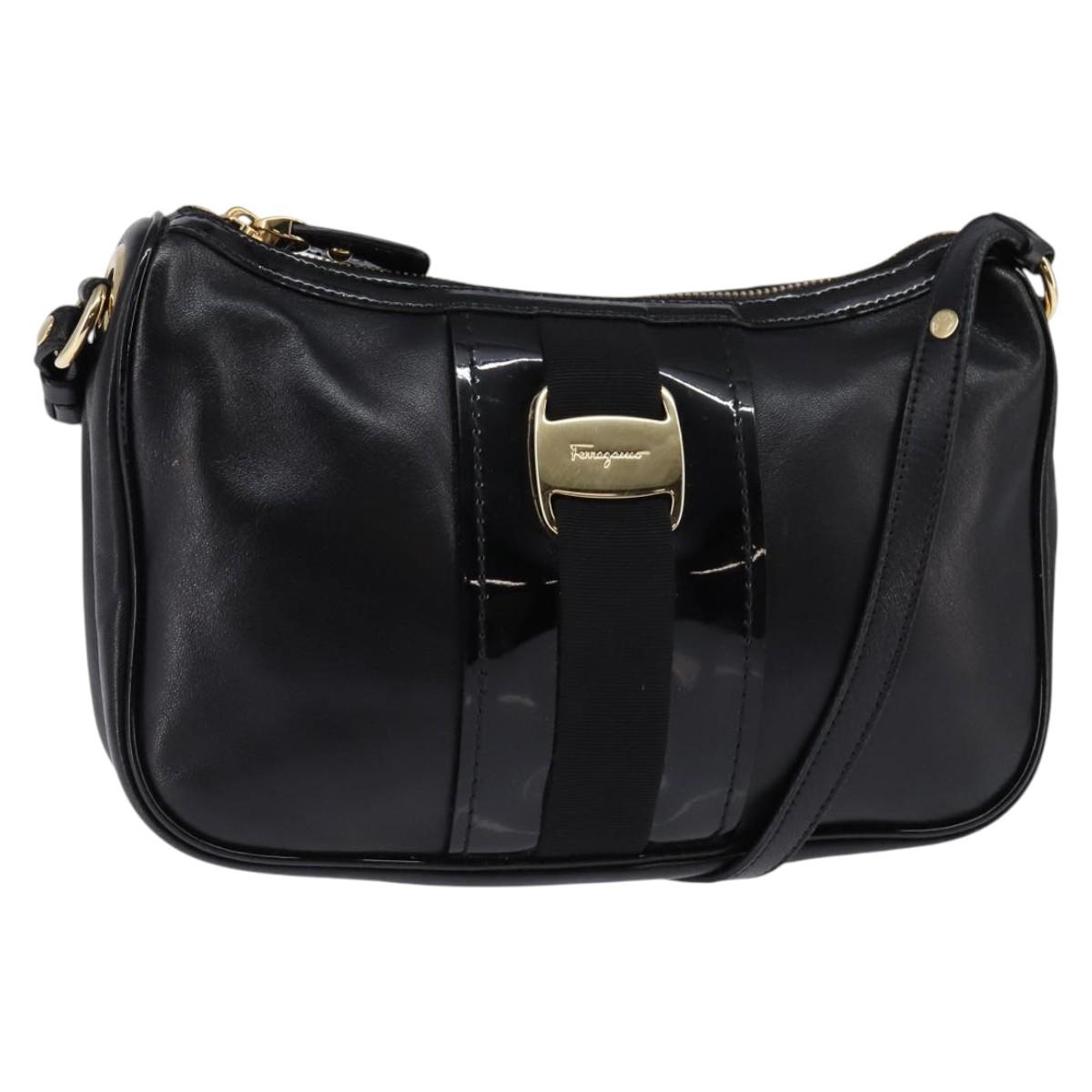 Salvatore Ferragamo Vala Shoulder Bag Leather Black Gold Auth bs29448