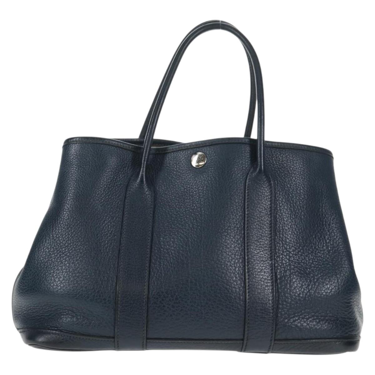 HERMES Negonda Garden Party TPM Hand Bag Leather Navy Silver Auth bs29450A