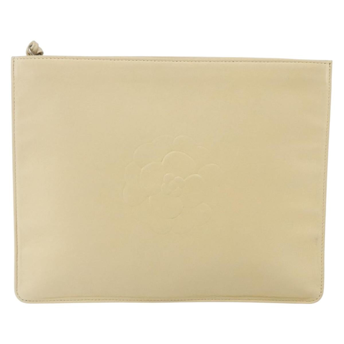 CHANEL camellia Pouch Lamb Skin Beige CC Auth bs29452