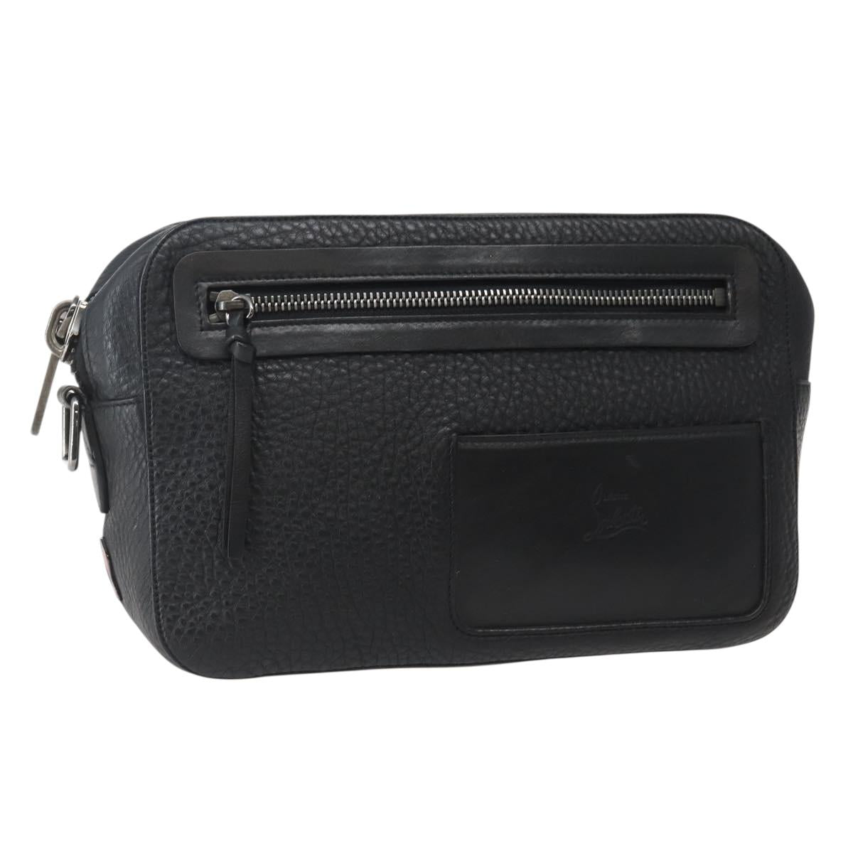 Christian Louboutin Clutch Bag Leather Black Silver Auth bs29456