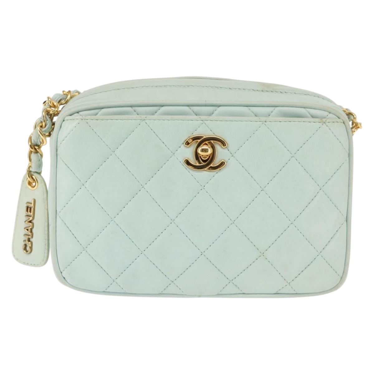 CHANEL Matelasse Chain Shoulder Bag Lamb Skin Light Blue Gold CC Auth bs29467