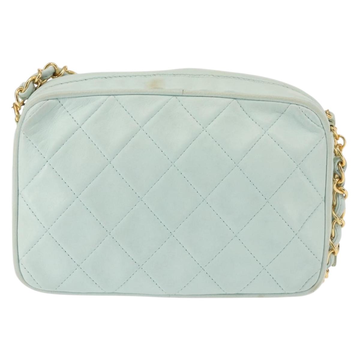 CHANEL Matelasse Chain Shoulder Bag Lamb Skin Light Blue Gold CC Auth bs29467