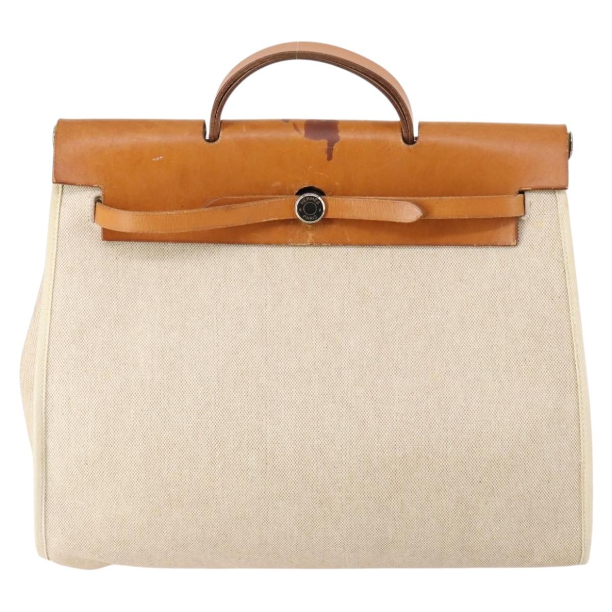 HERMES Tower ash Her bag MM Hand Bag Coated Canvas Beige Auth bs29477