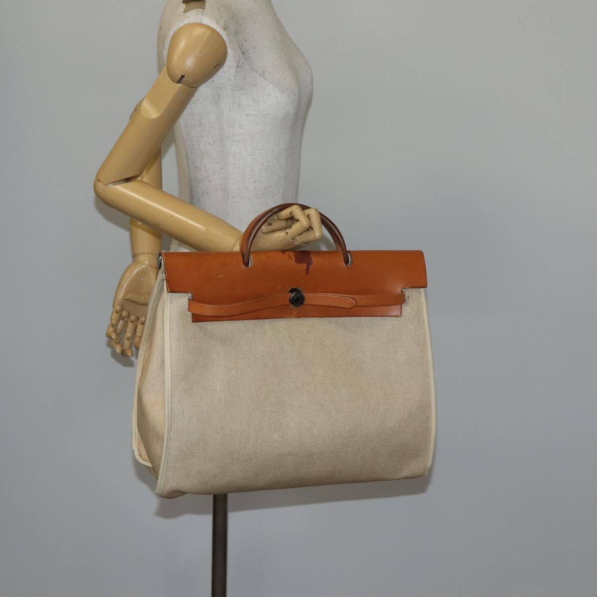 HERMES Tower ash Her bag MM Hand Bag Coated Canvas Beige Auth bs29477