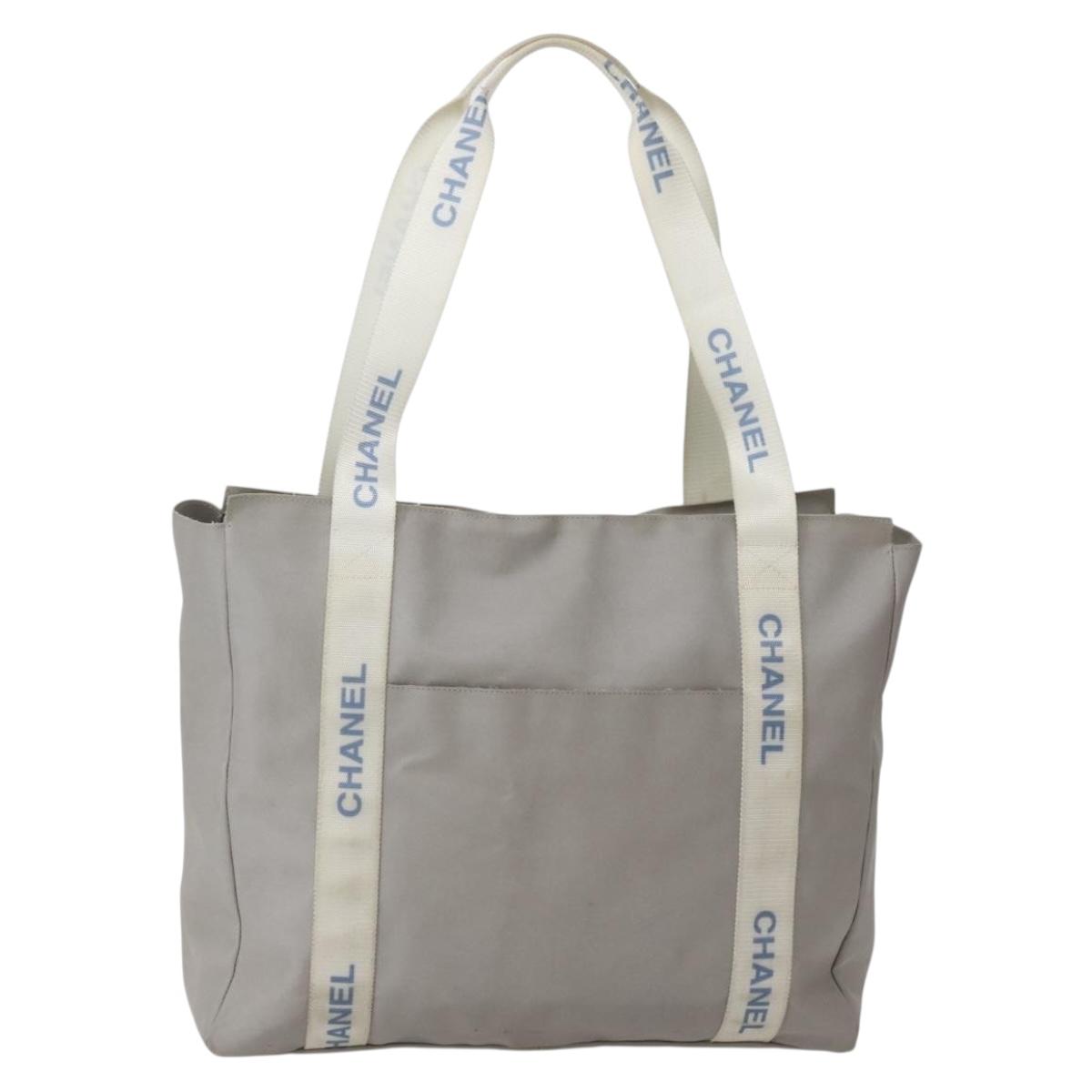 CHANEL Tote Bag Nylon Gray Silver CC Auth bs29478