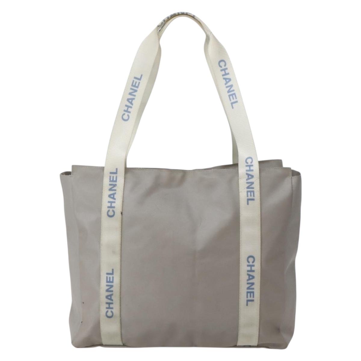 CHANEL Tote Bag Nylon Gray Silver CC Auth bs29478