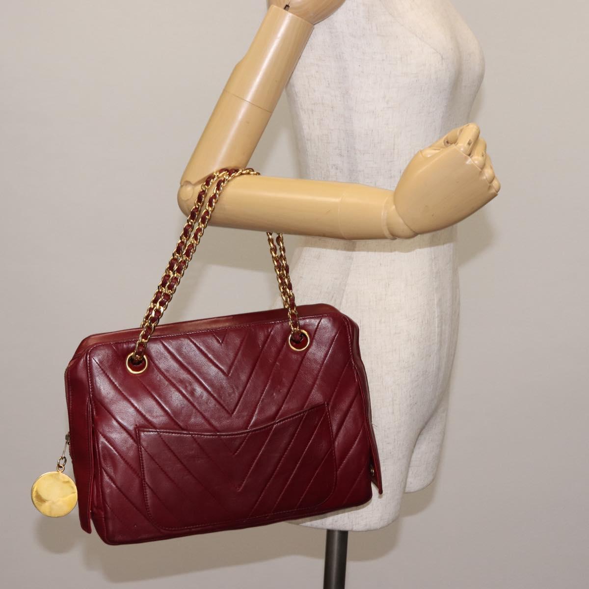 BALLY V Stitch Chain Hand Bag Lamb Skin Bordeaux Gold Auth bs29487