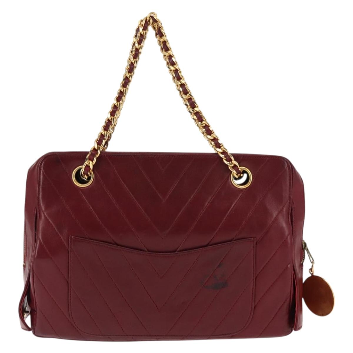 BALLY V Stitch Chain Hand Bag Lamb Skin Bordeaux Gold Auth bs29487