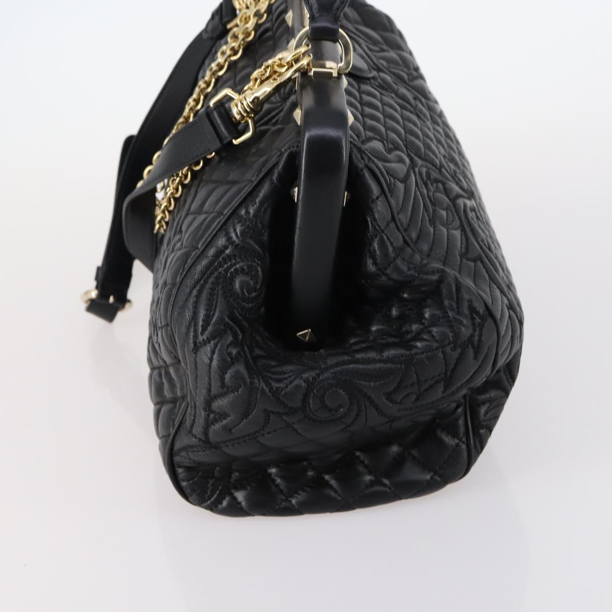 Gianni Versace Hand Bag Leather 2way Black Gold Auth bs29494