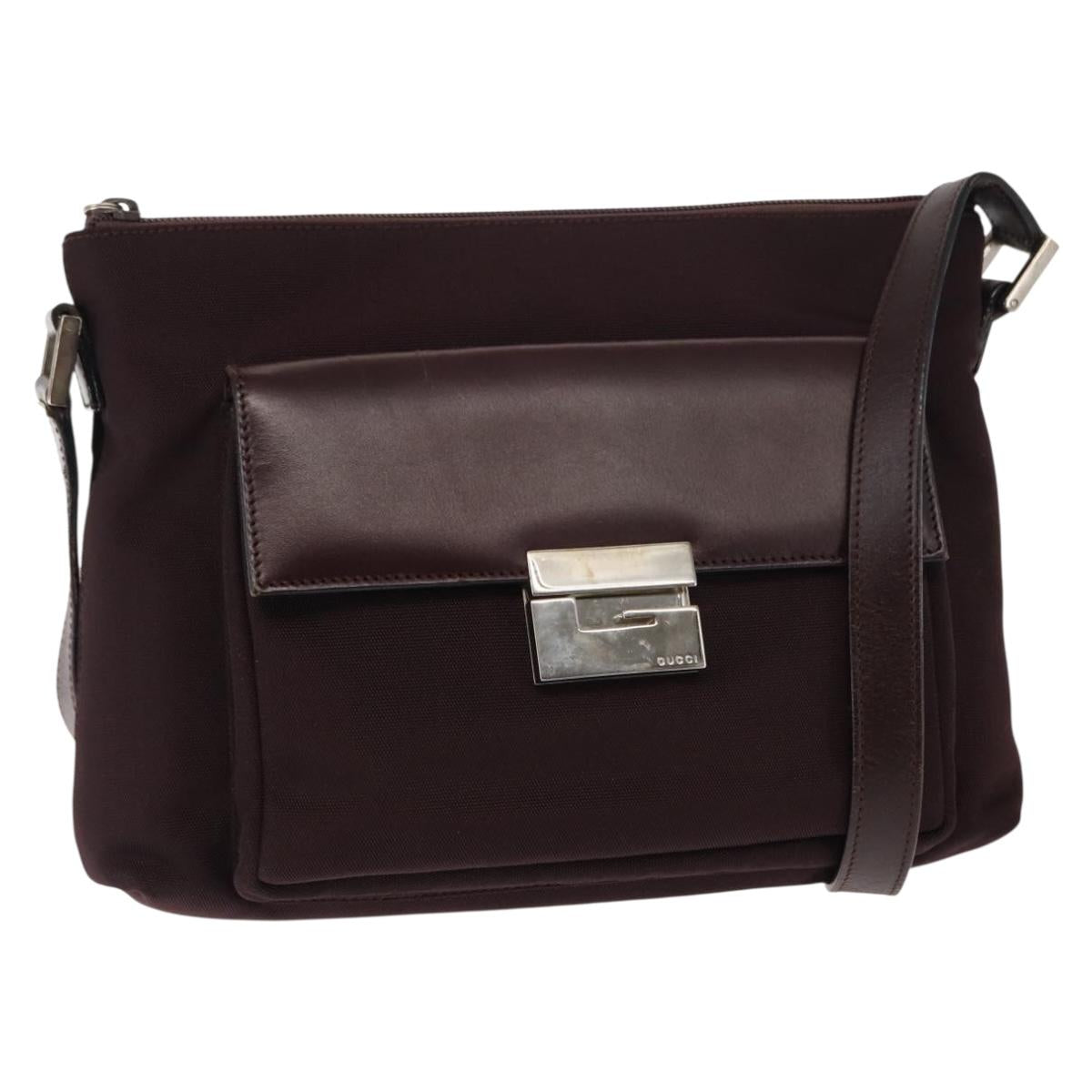 GUCCI Shoulder Bag Nylon Leather Brown Gold Auth bs29506