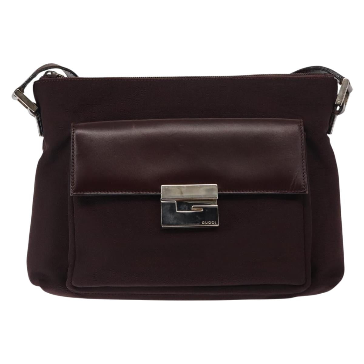 GUCCI Shoulder Bag Nylon Leather Brown Gold Auth bs29506