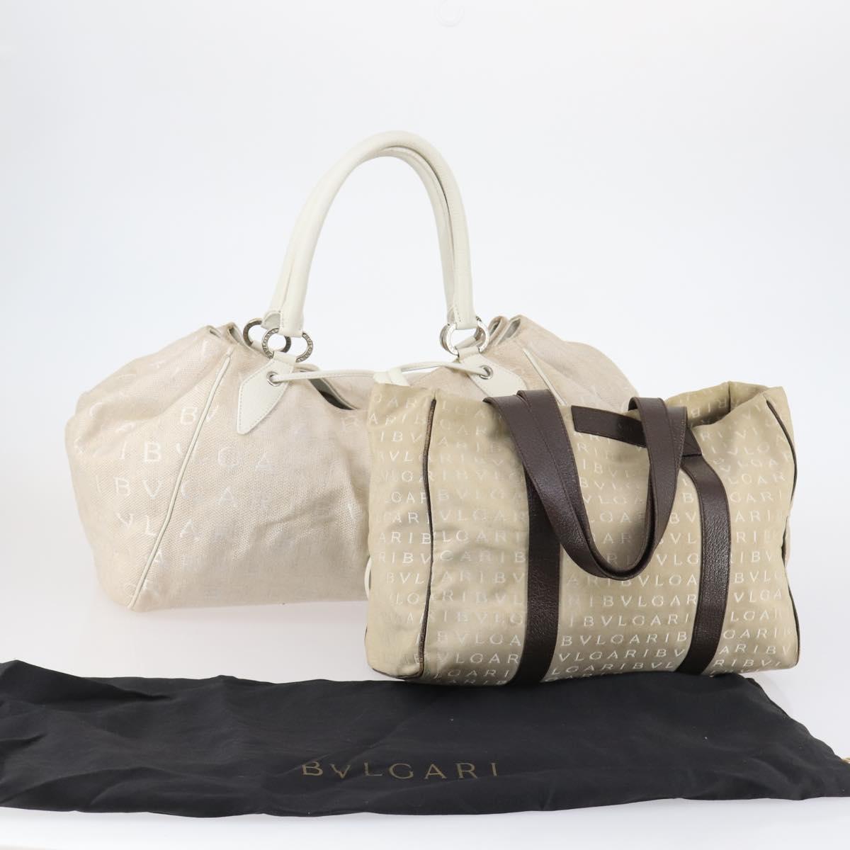 BVLGARI Logo Mania Hand Bag Canvas 2Set Beige Brown Auth bs29563