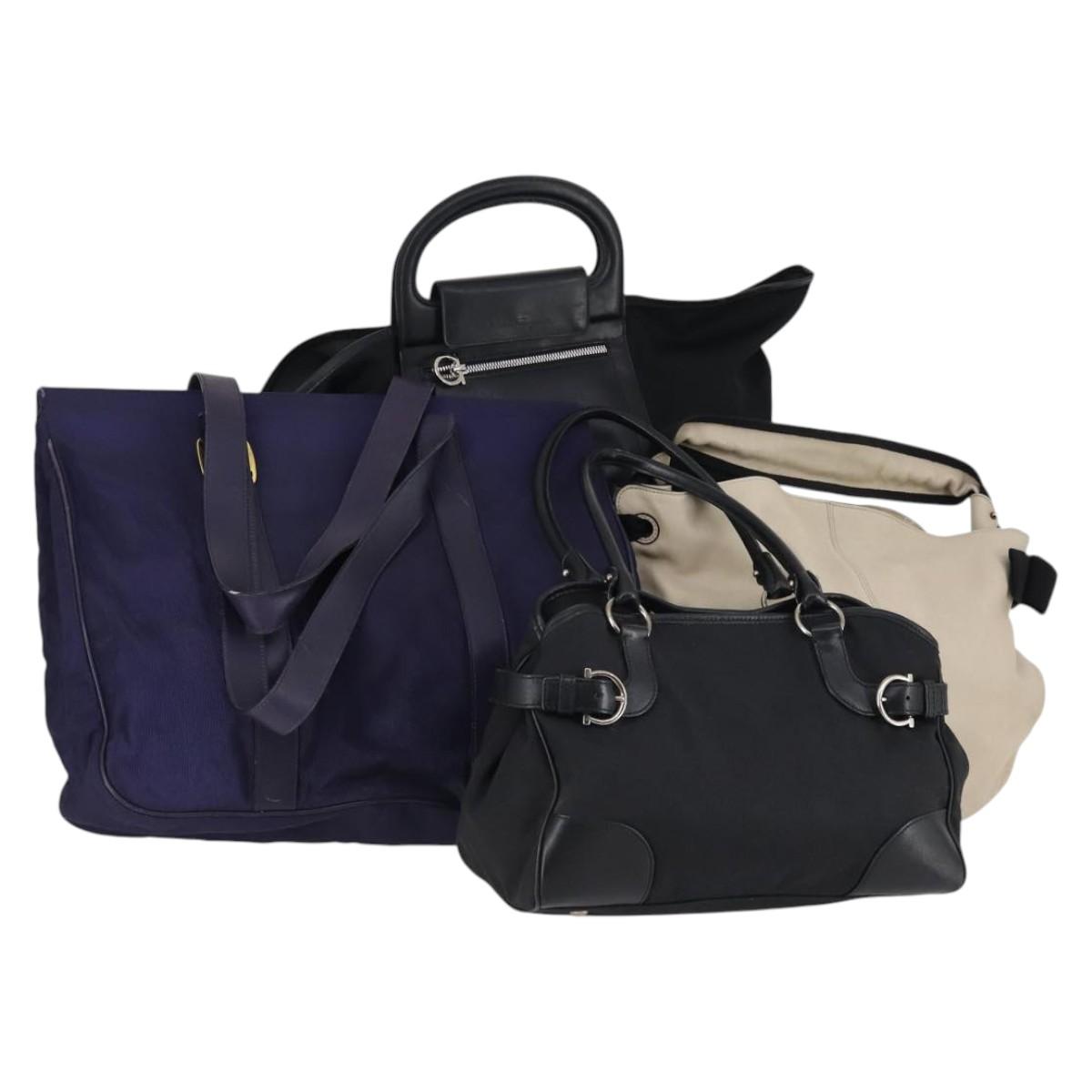Salvatore Ferragamo Bag Leather Canvas 4Set Beige Black Navy Auth bs29564