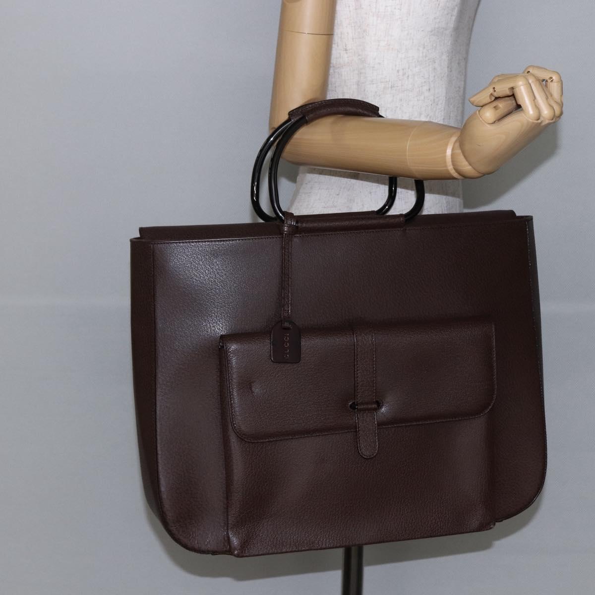GUCCI Hand Bag Leather Brown Silver Auth bs29572