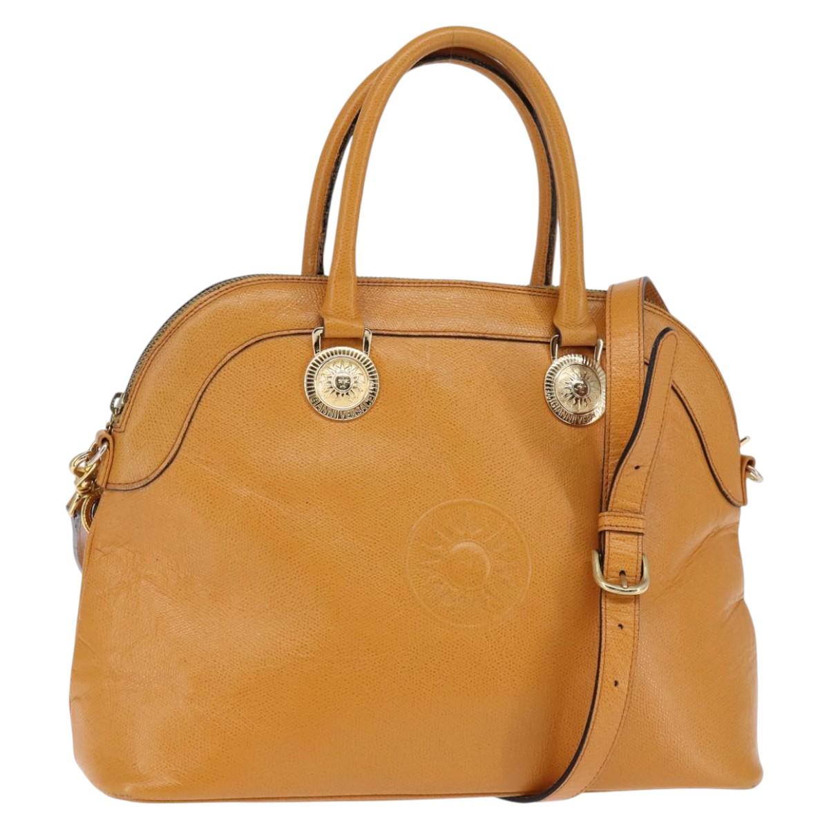 Gianni Versace Sunface Hand Bag Leather 2way Beige Gold Auth bs29583