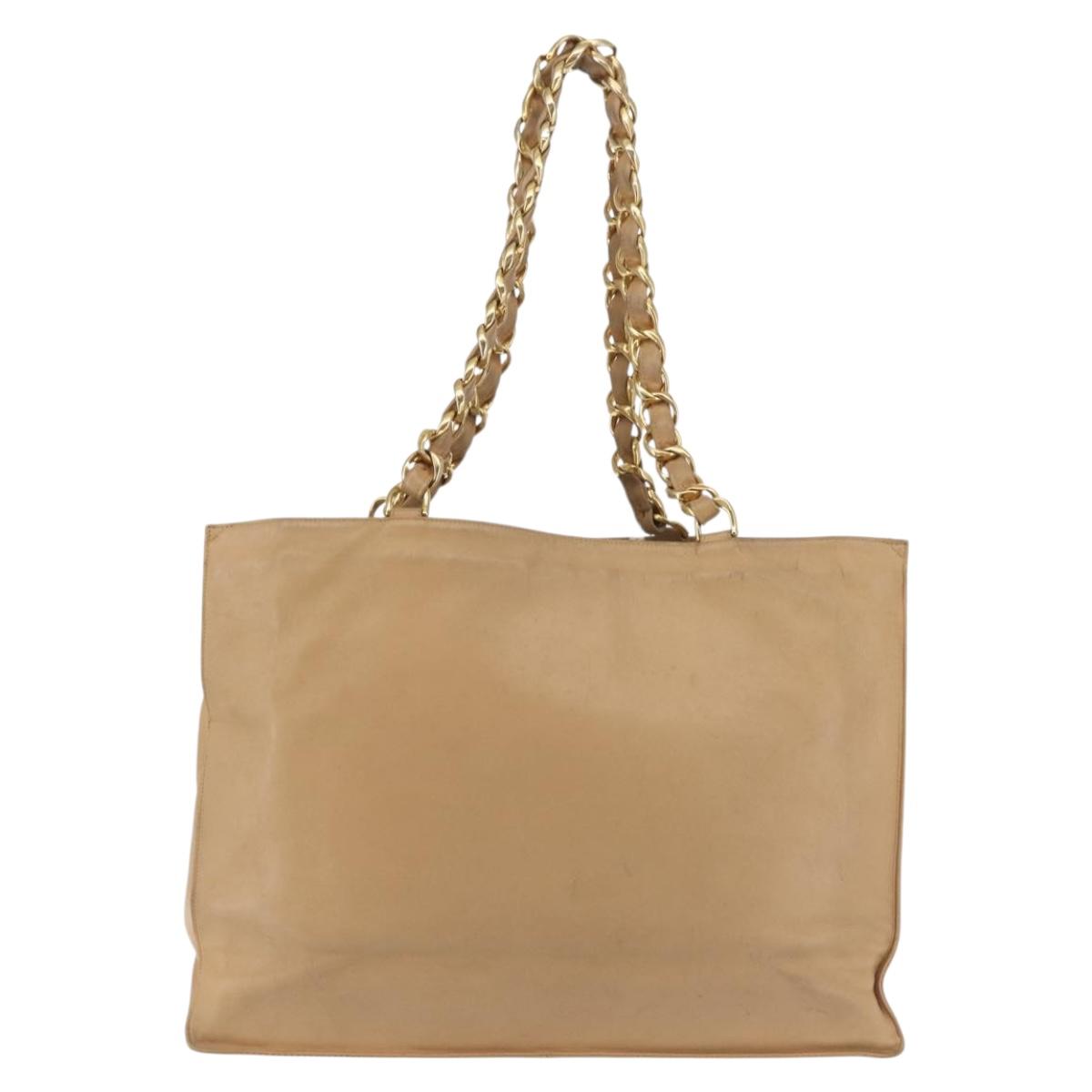 CHANEL COCO Mark Chain Tote Bag Lamb Skin Beige Gold CC Auth bs29597